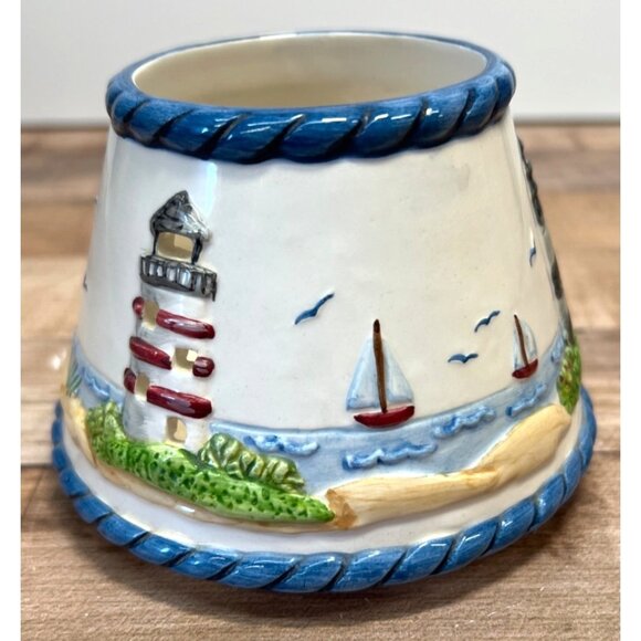 Small Hand-Painted Ceramic Nautical Lighthouse Candle Shade  Blue & White - Picture 1 of 5